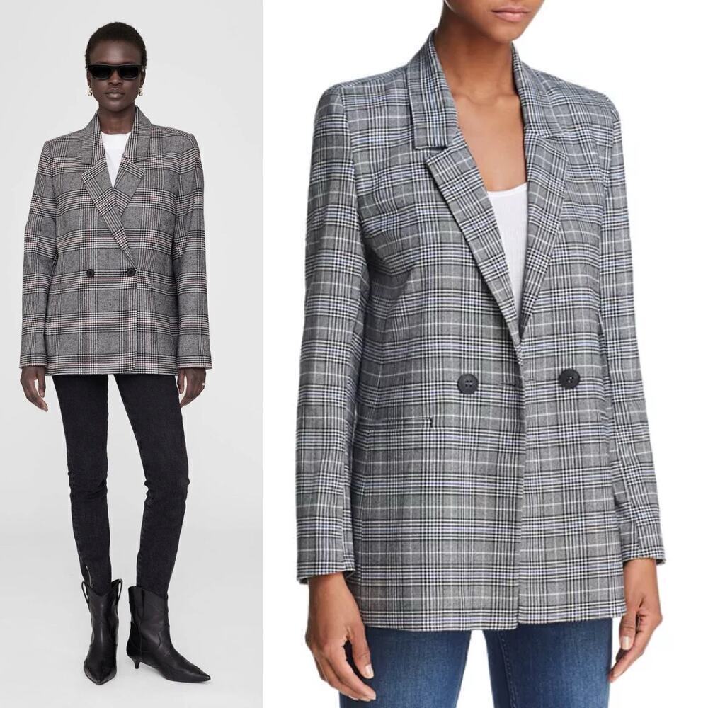 Anine Bing Madeline Plaid Print Oversized Blazer Gray/White/Blue Size Small